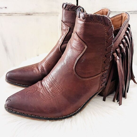 Natural Reflections Keykeel Brown Vegan Leather Fringe Boho Western Boots Sz 6.5 - Picture 1 of 9